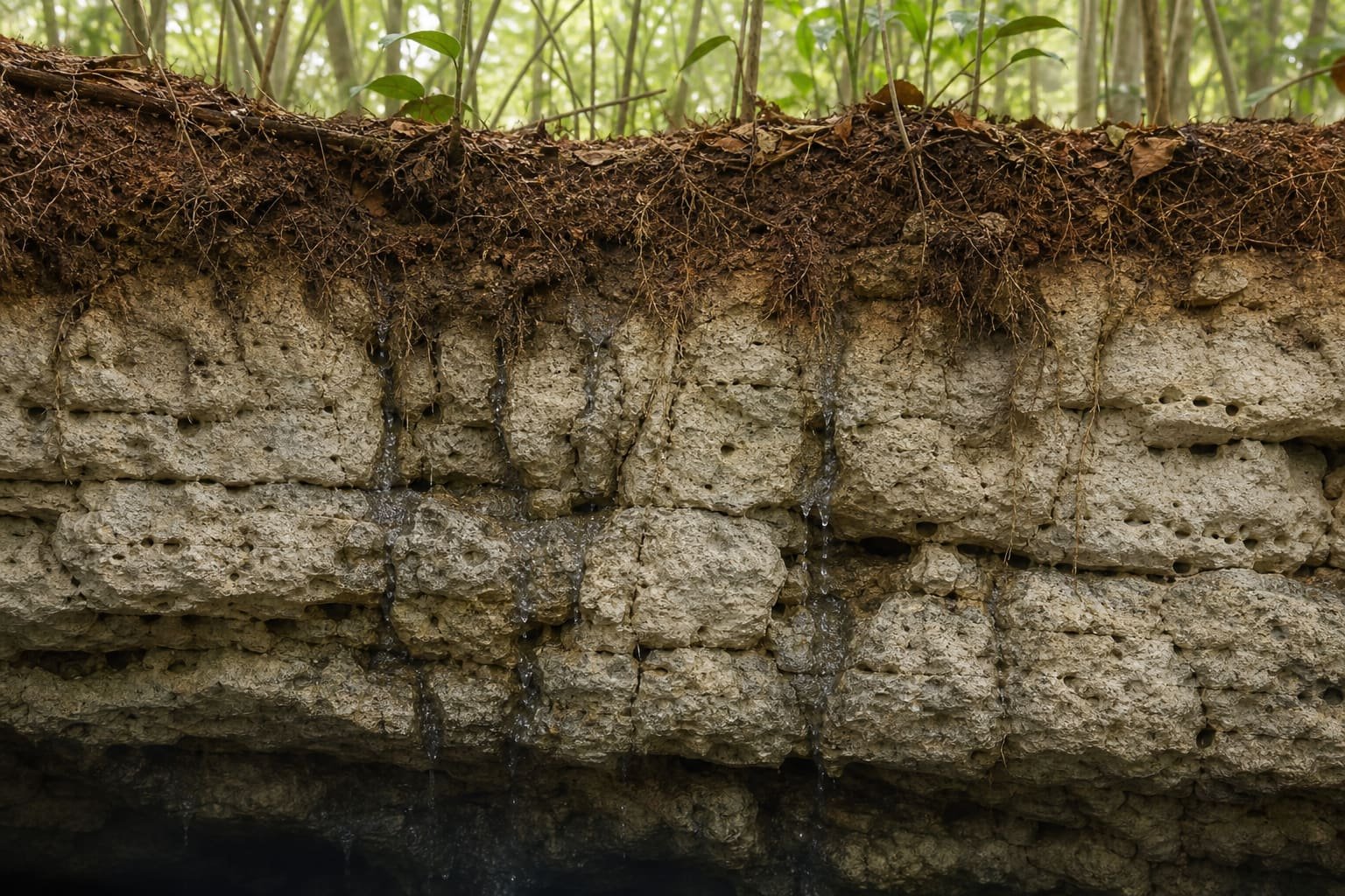 Conceptual reconstruction of water filtering through soil, roots and porous limestone