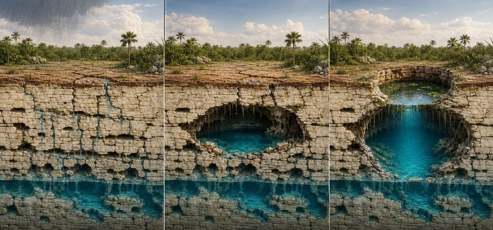 Three-stage conceptual sequence: infiltration, cavity growth and the opening of a cenote